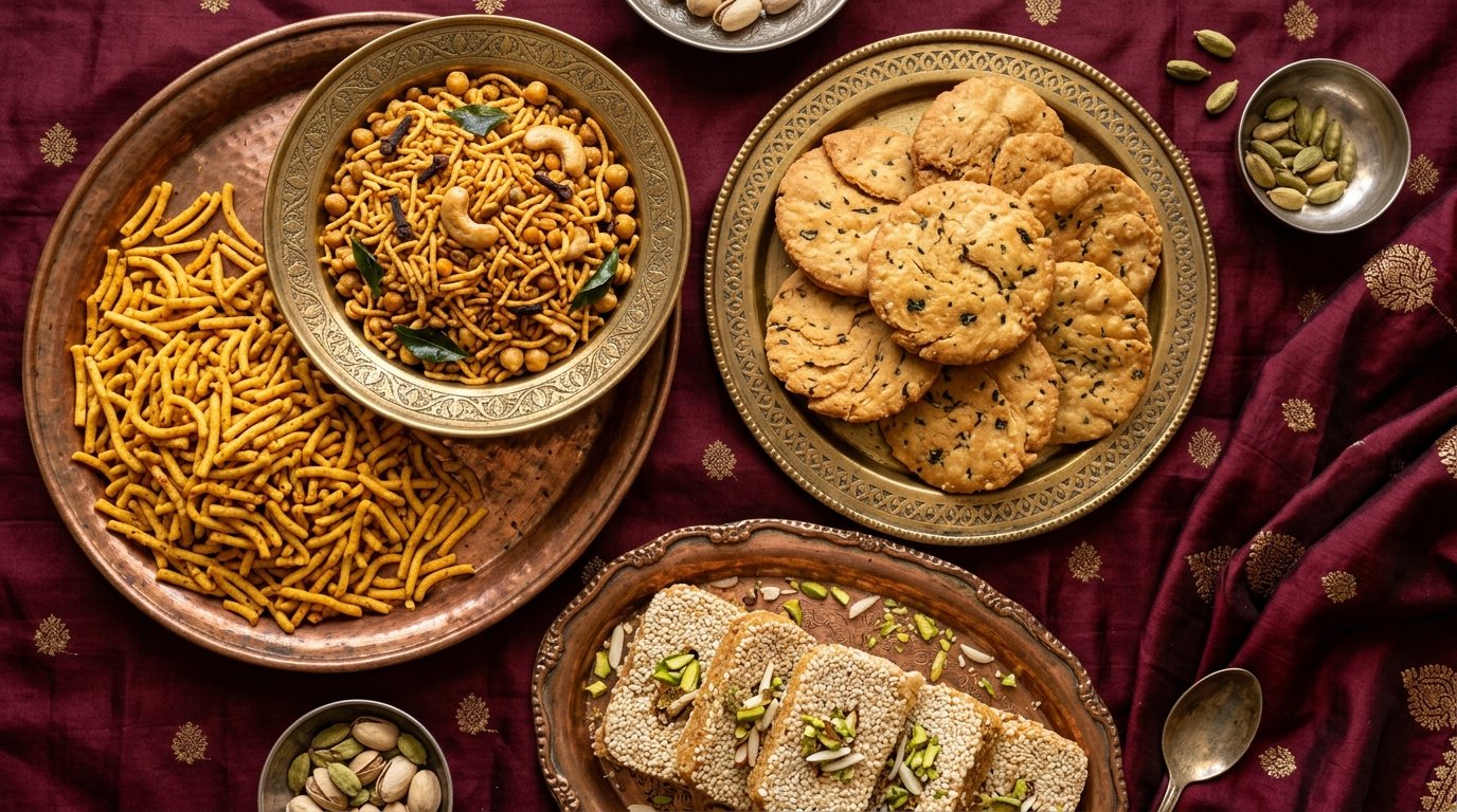 Traditional Indian Namkeen, Mathri and Gajak Platter